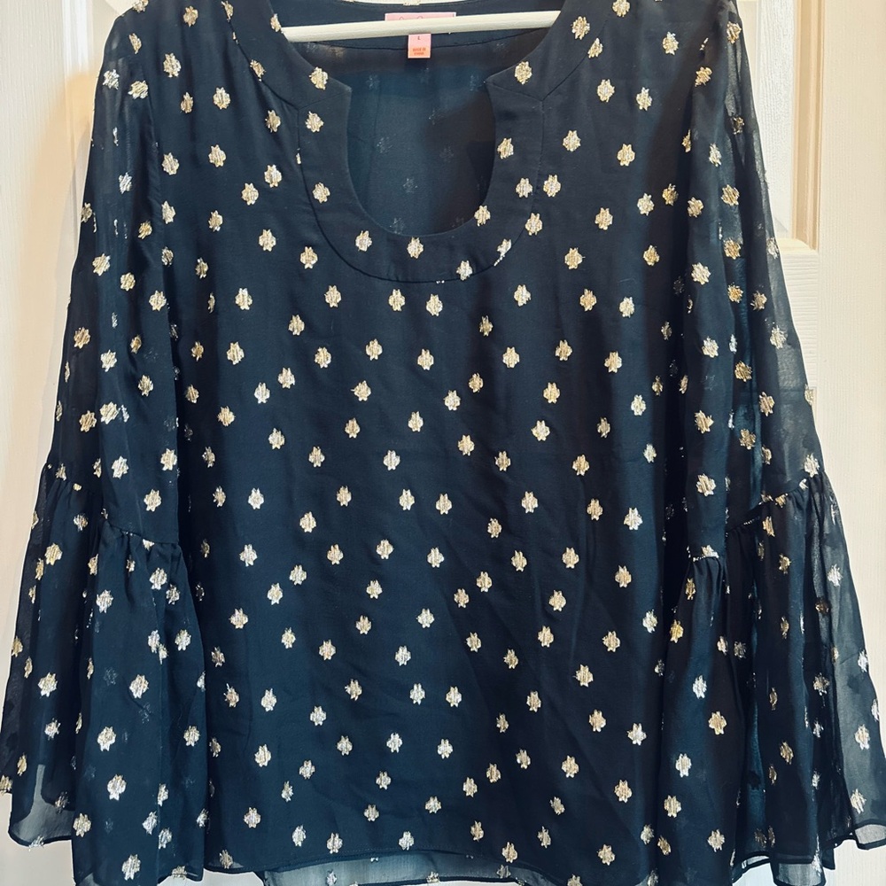 Lilly Pulitzer Amory Black Top Blouse Gold Dots Large